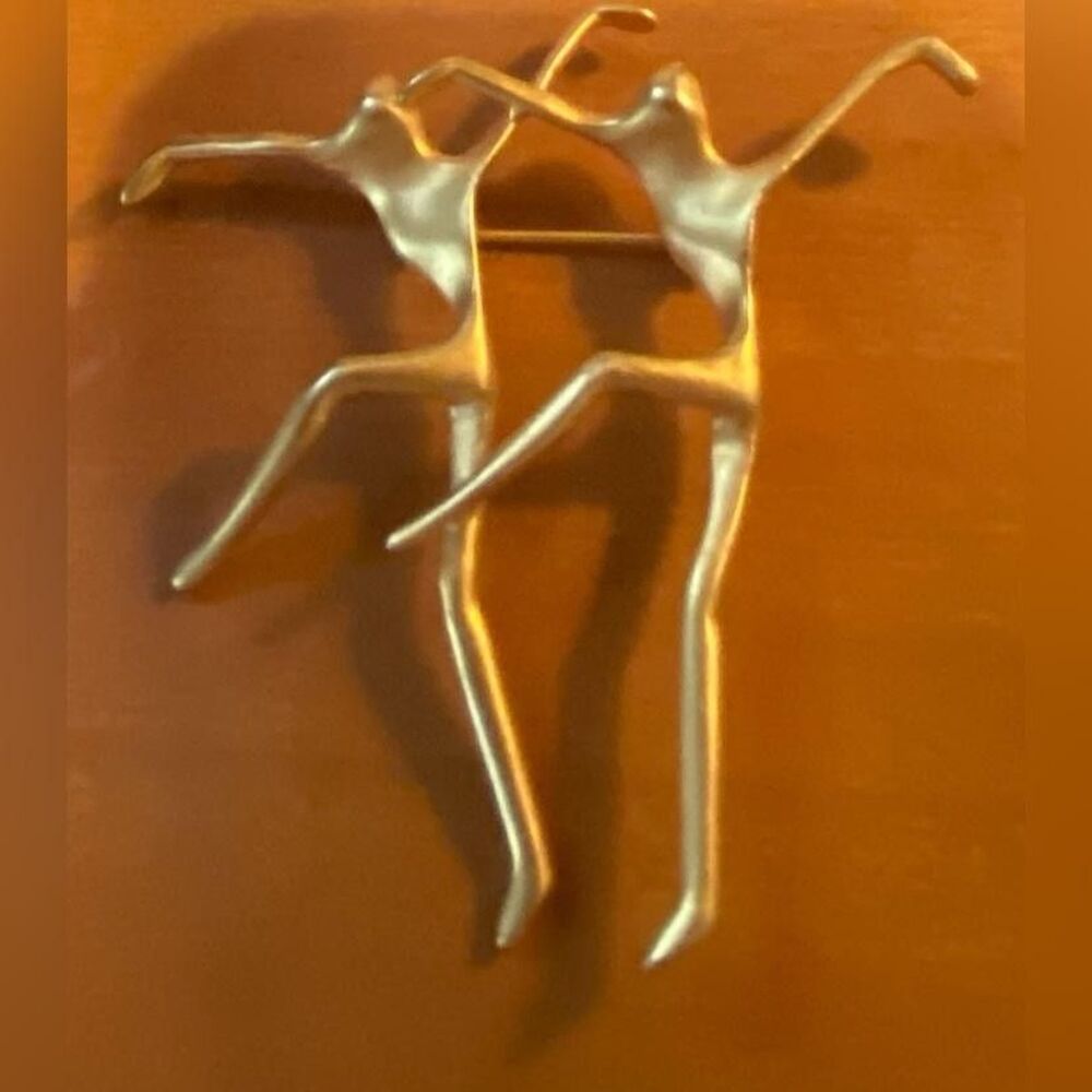 Gold Tone Double Dancer Brooch Pin Abstract Modernist Figural 3 Inch Jewelry